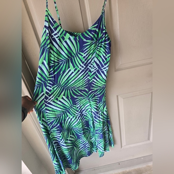 Old Navy Floral Slip Dress Midi Sz L Women Green Blue Palm Leaf Tropical Coastal - Picture 7 of 13